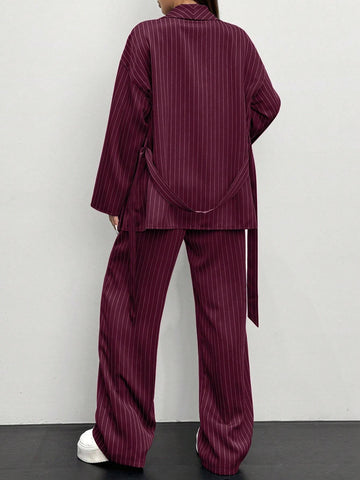Women's Striped Wrap Casual Kimono Suit Set