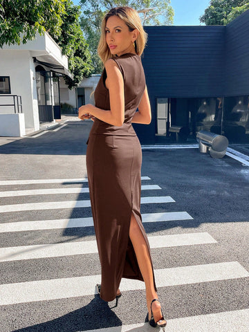 Women Plain Collar Sleeveless Blouse And Mini Skirt