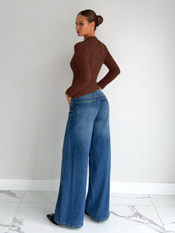 Siren Gaze Soft Asymmetric Drape Hollow Metal Buckle Decor Long Sleeve T-Shirt