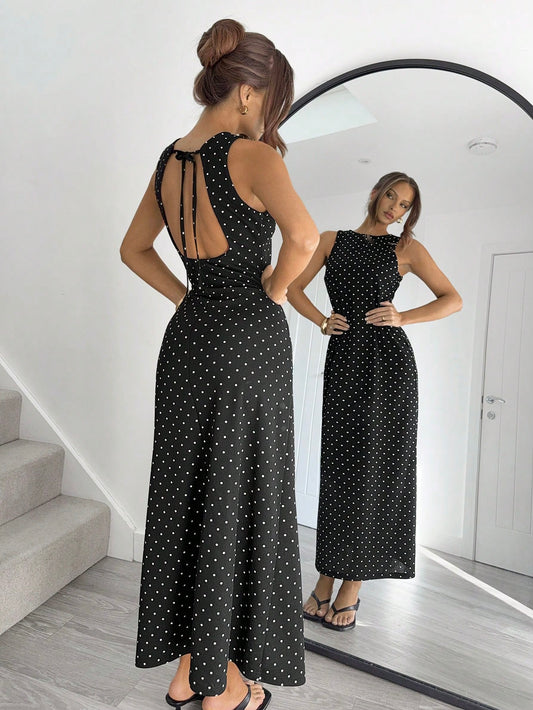 Siren Gaze Women's Sexy Polka Dot Print Tie-Strap Open Back Dress