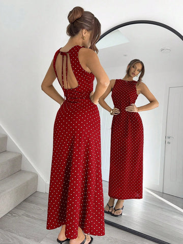 Siren Gaze Women's Sexy Polka Dot Print Tie-Strap Open Back Dress