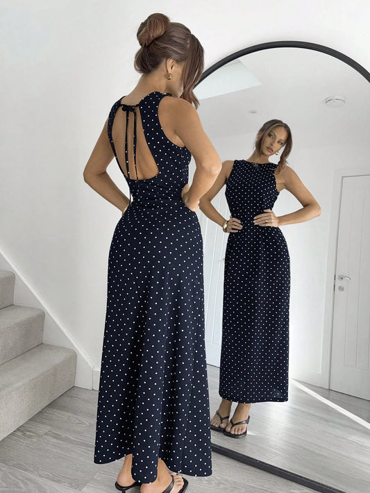Siren Gaze Women's Sexy Polka Dot Print Tie-Strap Open Back Dress
