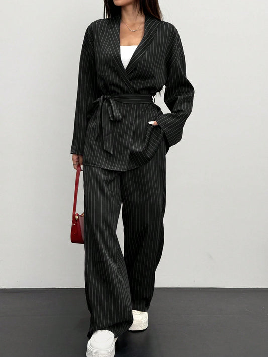 Women's Striped Wrap Casual Kimono Suit Set