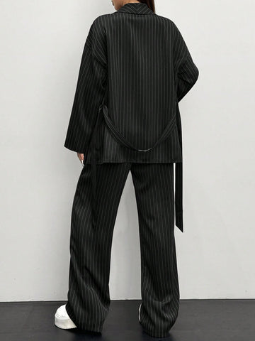 Women's Striped Wrap Casual Kimono Suit Set