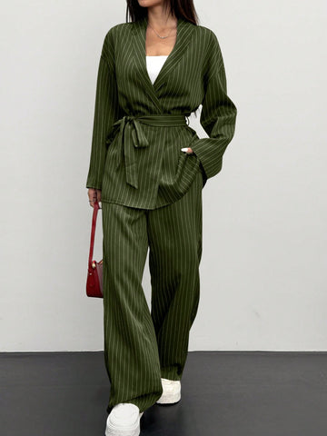 Women's Striped Wrap Casual Kimono Suit Set