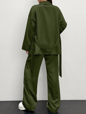 Women's Striped Wrap Casual Kimono Suit Set