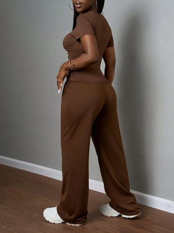 Women's Casual Solid Color Round Neck Slim Short Sleeve T-Shirt And Drawstring Waist Straight Pants
