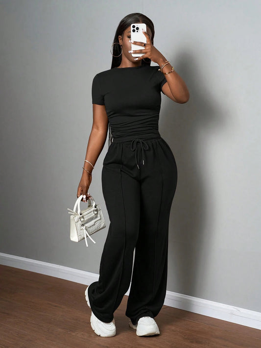 Women's Casual Solid Color Round Neck Slim Short Sleeve T-Shirt And Drawstring Waist Straight Pants