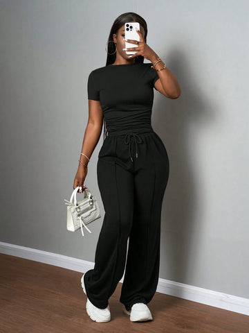Women's Casual Solid Color Round Neck Slim Short Sleeve T-Shirt And Drawstring Waist Straight Pants