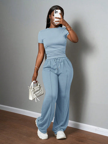 Women's Casual Solid Color Round Neck Slim Short Sleeve T-Shirt And Drawstring Waist Straight Pants