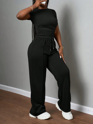 Women's Casual Solid Color Round Neck Slim Short Sleeve T-Shirt And Drawstring Waist Straight Pants