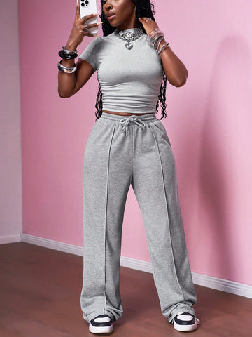 Women's Casual Solid Color Round Neck Slim Short Sleeve T-Shirt And Drawstring Waist Straight Pants