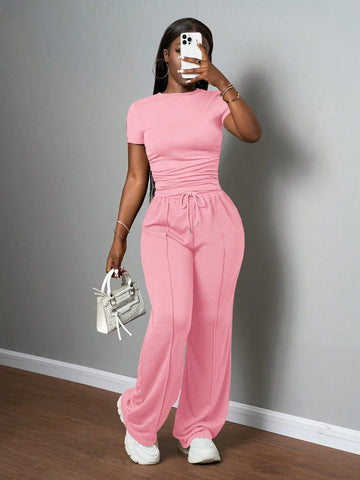 Women's Casual Solid Color Round Neck Slim Short Sleeve T-Shirt And Drawstring Waist Straight Pants