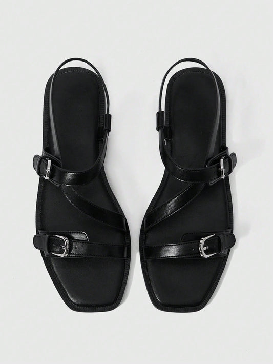Square Toe Flat Bottom Black Strip Buckle Women's Flat Sandals