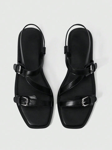 Square Toe Flat Bottom Black Strip Buckle Women's Flat Sandals