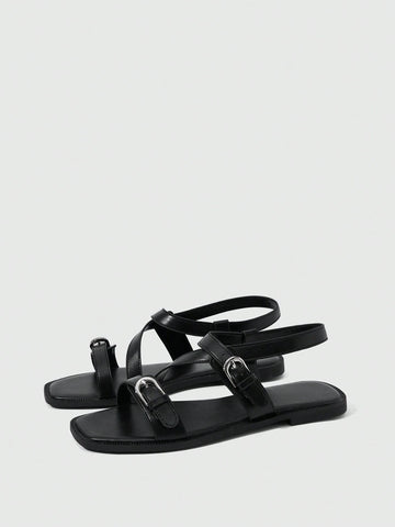 Square Toe Flat Bottom Black Strip Buckle Women's Flat Sandals