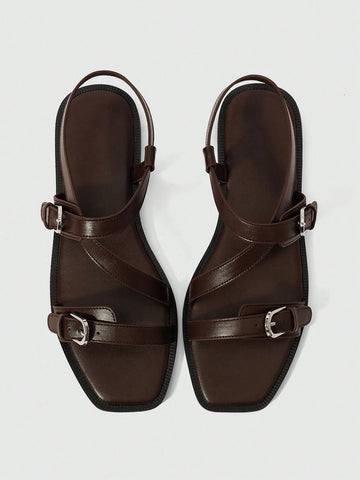 Square Toe Flat Bottom Black Strip Buckle Women's Flat Sandals