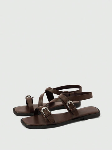 Square Toe Flat Bottom Black Strip Buckle Women's Flat Sandals