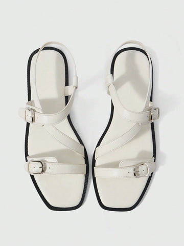 Square Toe Flat Bottom Black Strip Buckle Women's Flat Sandals