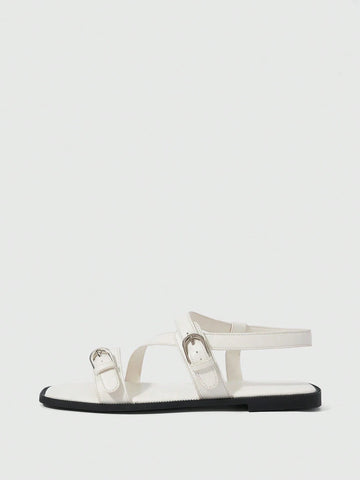 Square Toe Flat Bottom Black Strip Buckle Women's Flat Sandals