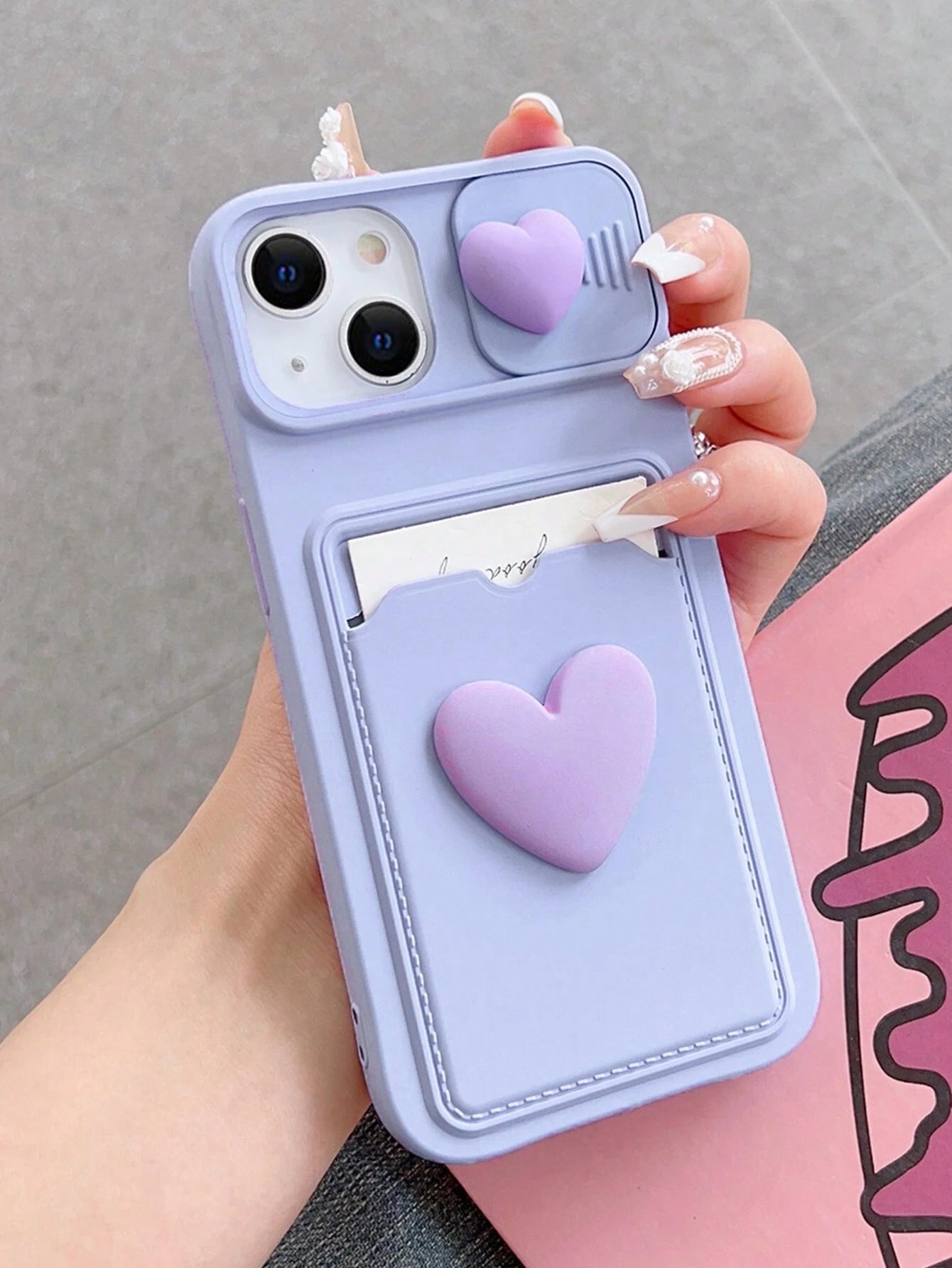 Sliding Transparent Double Heart Sticker Picture Frame Card Holder Phone Case