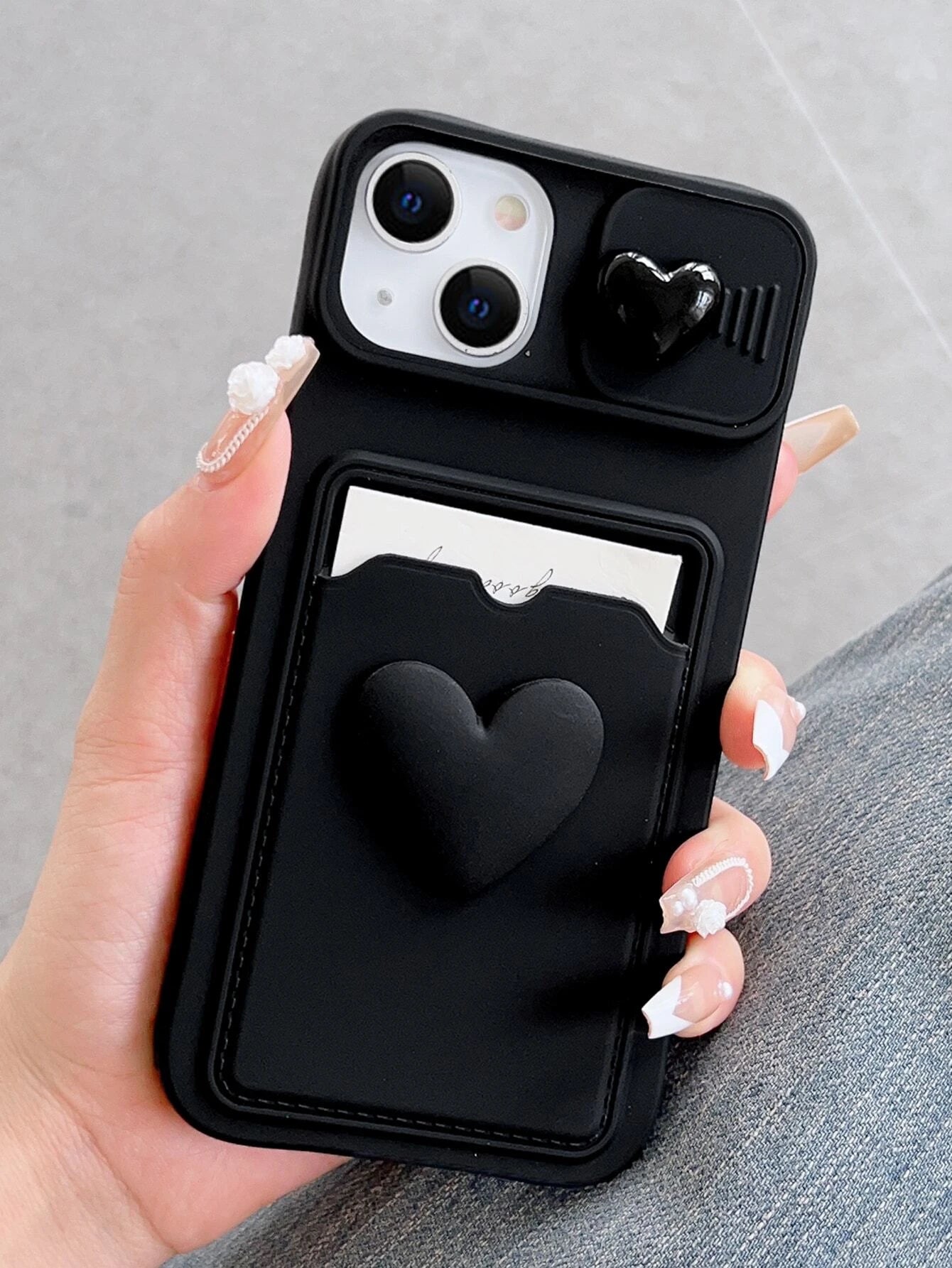 Sliding Transparent Double Heart Sticker Picture Frame Card Holder Phone Case