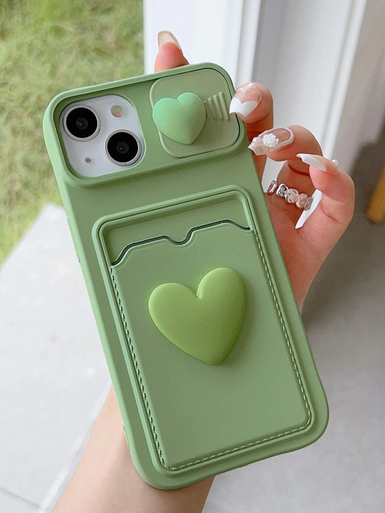 Sliding Transparent Double Heart Sticker Picture Frame Card Holder Phone Case