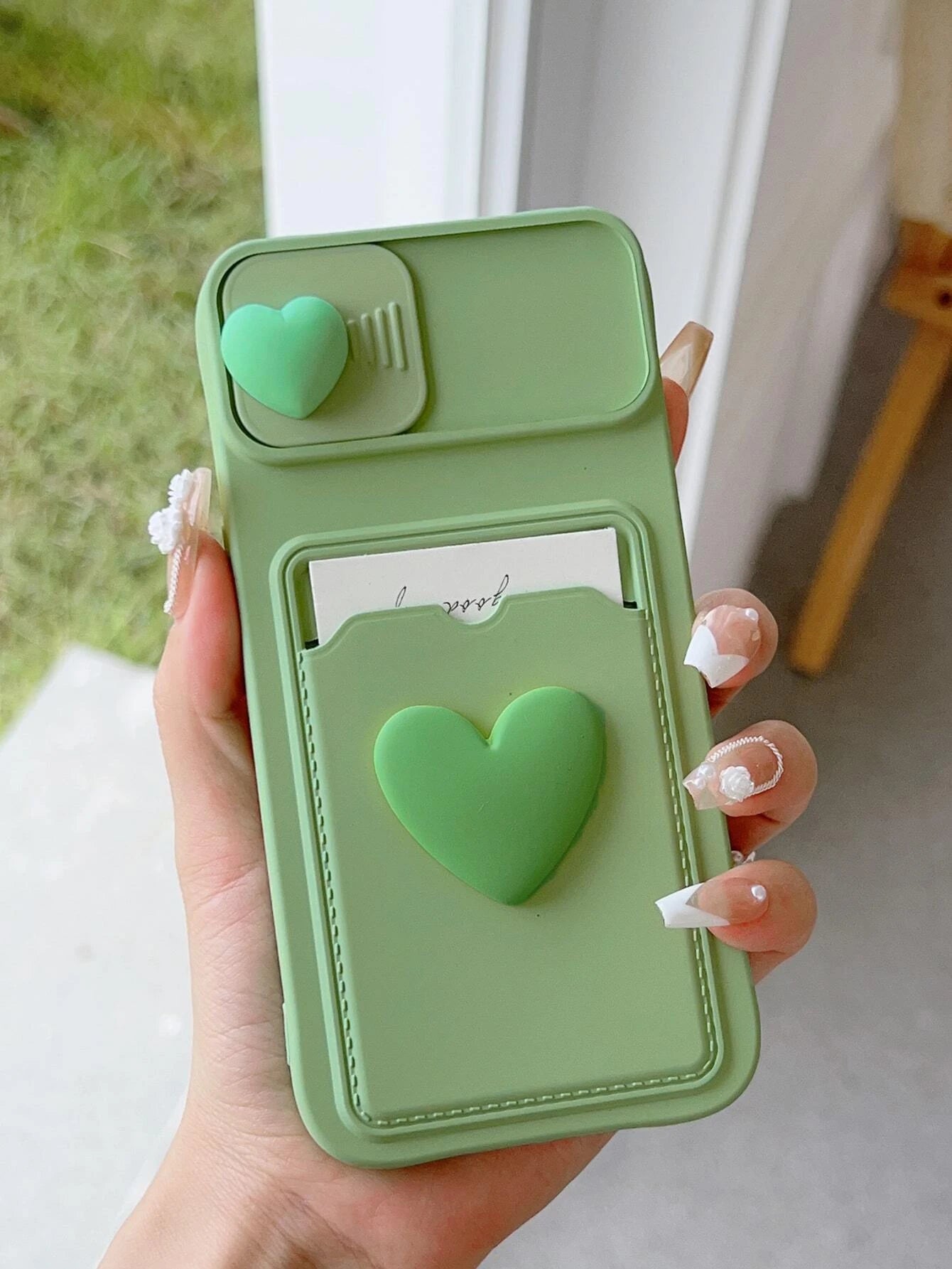 Sliding Transparent Double Heart Sticker Picture Frame Card Holder Phone Case