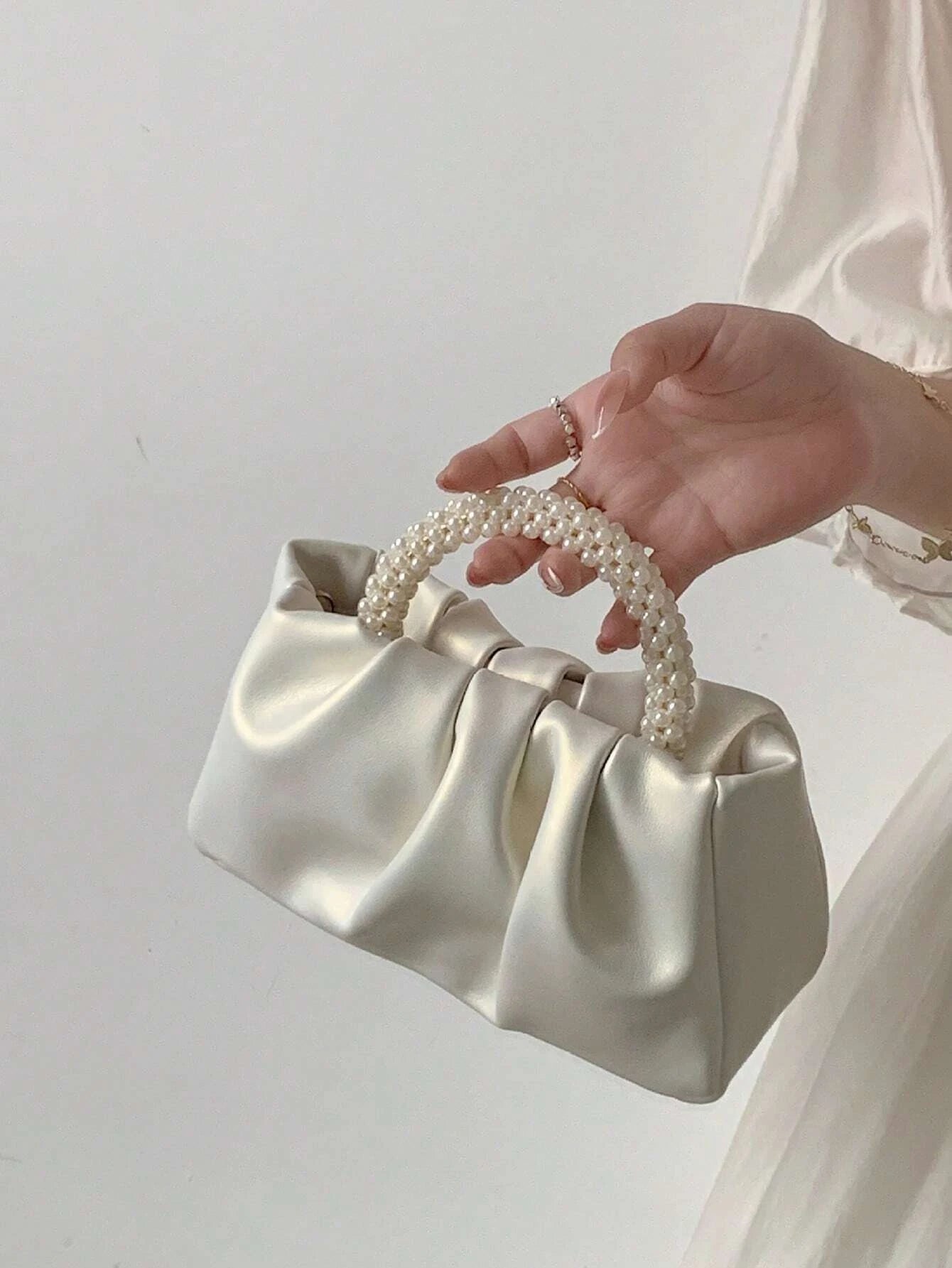 Small Ruched Bag Faux Pearl Decor