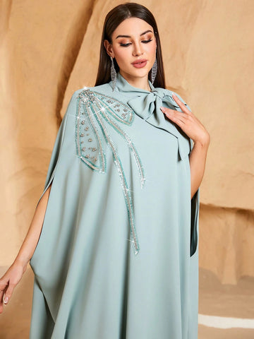Women's Solid Color Tie Collar Elegant Arabic Abaya Robe With Beaded Embroidery