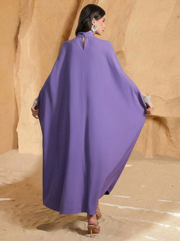 Women's Solid Color Tie Collar Elegant Arabic Abaya Robe With Beaded Embroidery