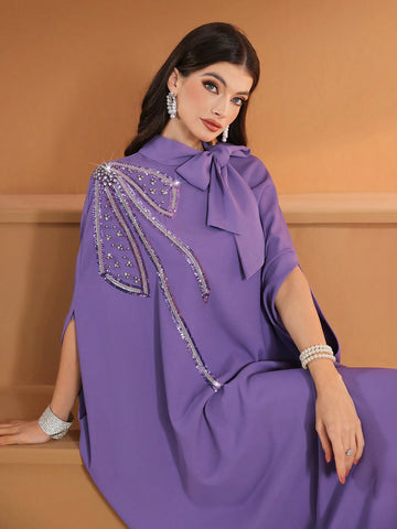Women's Solid Color Tie Collar Elegant Arabic Abaya Robe With Beaded Embroidery