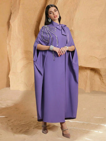 Women's Solid Color Tie Collar Elegant Arabic Abaya Robe With Beaded Embroidery