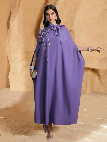 Women's Solid Color Tie Collar Elegant Arabic Abaya Robe With Beaded Embroidery