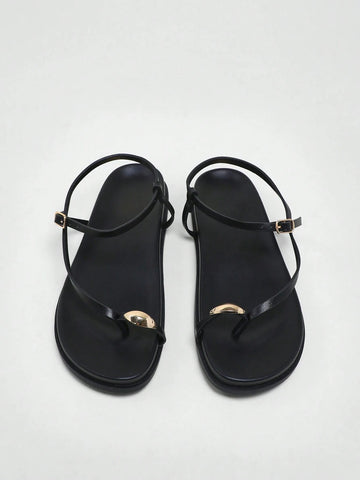 Women's Comfortable Gold Metal Toe Ring Flat Sandals