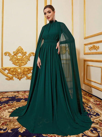 Solid Mock High Neck Cloak Sleeve Chiffon Formal Dress