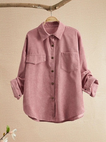 Solid Pocket Patched Button Up Corduroy Coat