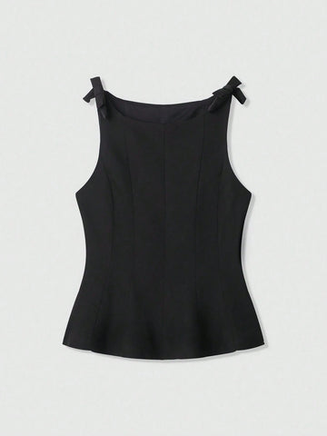 Women's Simple Solid Color Bow Decor Sleeveless Top