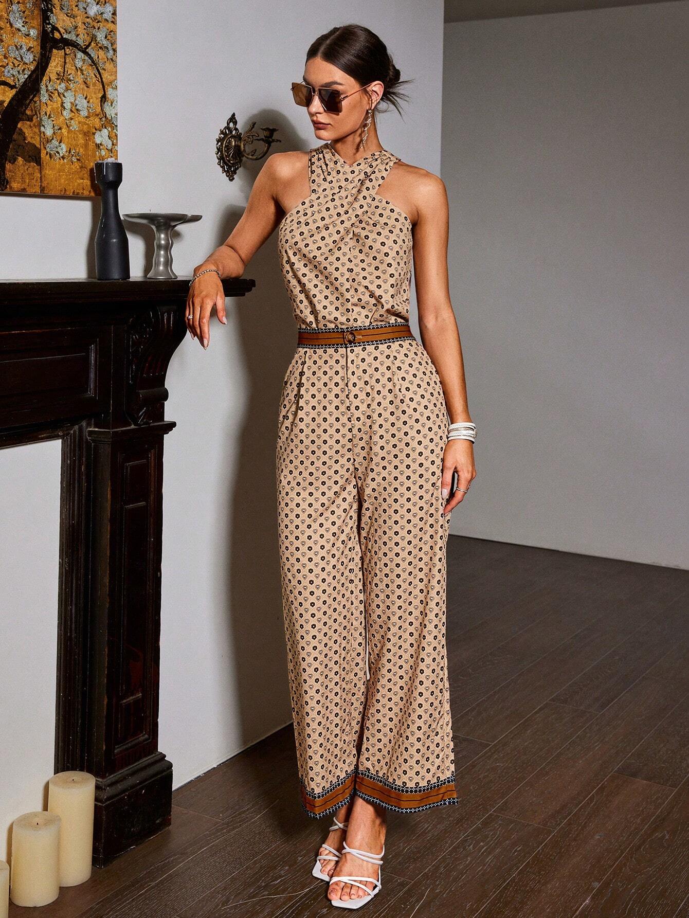 Sollinarry Ladies' Positioning Printed Halter Top And Wide Leg Pants Two-Piece Set