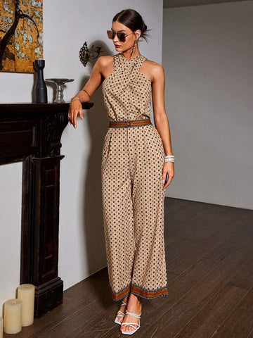 Sollinarry Ladies' Positioning Printed Halter Top And Wide Leg Pants Two-Piece Set