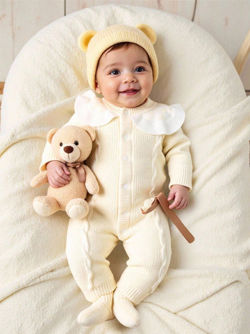 Baby Girl Checkerboard Pattern Ruffle Trim Cable Knit Romper