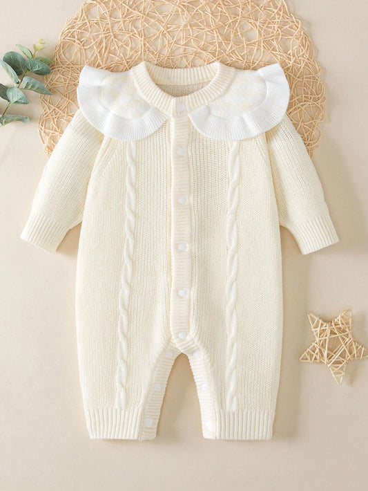Baby Girl Checkerboard Pattern Ruffle Trim Cable Knit Romper