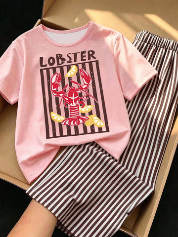 Short Sleeve Top Paired With Vertical Striped Long Pant