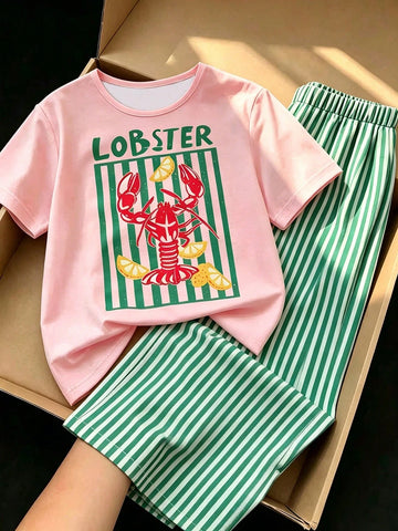 Short Sleeve Top Paired With Vertical Striped Long Pant