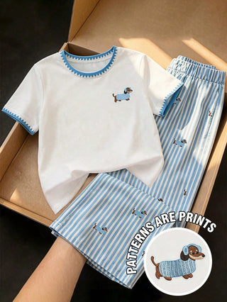 Short Sleeve Top Paired With Vertical Striped Long Pant