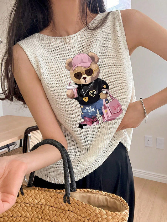 Round Neck Women Vest Teddy Bear Wearing Baseball-Cap T-Shirt