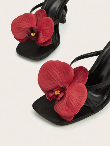 Travel & Beach Green Satin Flower Decor Open Toe Stiletto High Heel Sandals