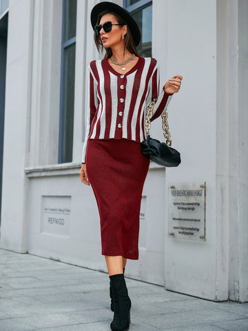 Striped Pattern Cardigan & Knit Skirt