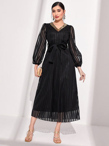 Striped Print Contrast Sequin Lantern Sleeve Belted Dress