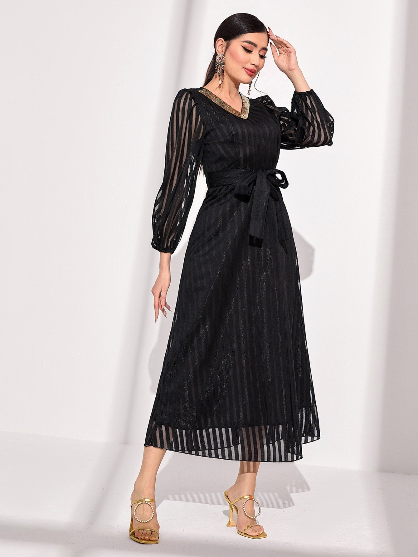 Striped Print Contrast Sequin Lantern Sleeve Belted Dress